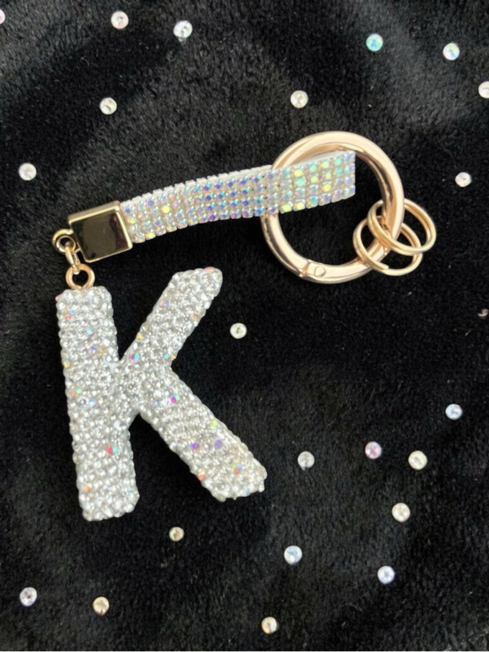Blinged Out Alphabet Letter "K" Bag Charm Keychain With Gold Tone Hardware